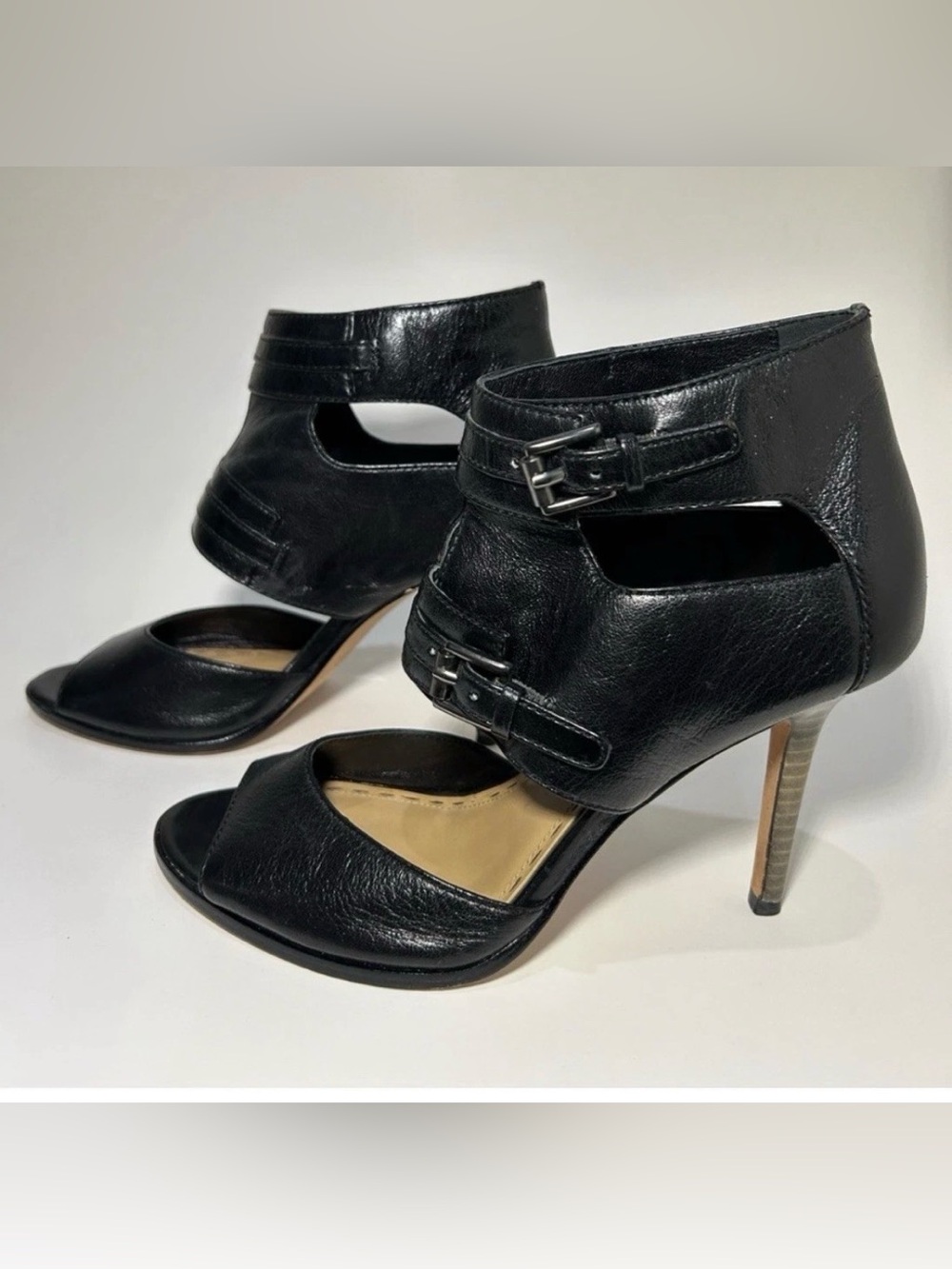 Coach Black Leather Open-Toe Buckle High Heel Sandals
